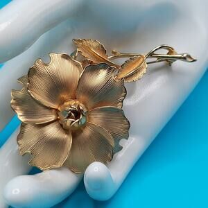 Vintage 1960s Large Flower With Stem Brooch, Gold Tone, 3 Inches